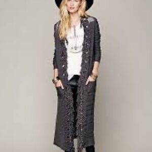 Free People Solid Fringe Boho Maxi Cardigan Sweater Gray M